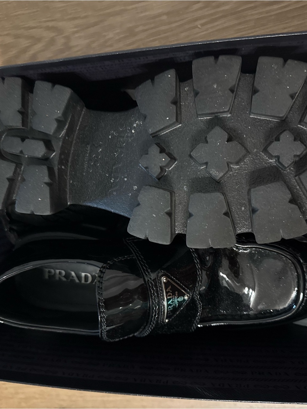 Prada Black Patent Leather Lug Sole Slip-On Loafers